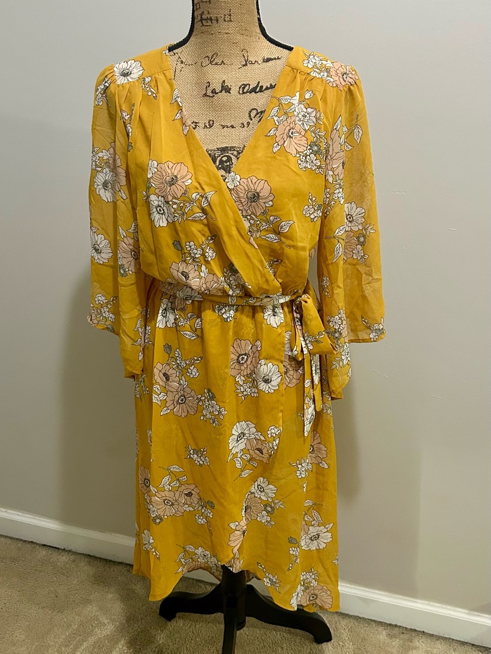 Daytrip Floral Wrap Midi Dress with tie waist in Mustard Yellow